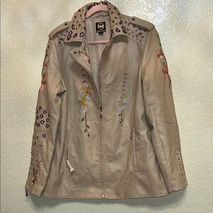 SAM. Women's Beige Leather Jacket with Floral Embroidery